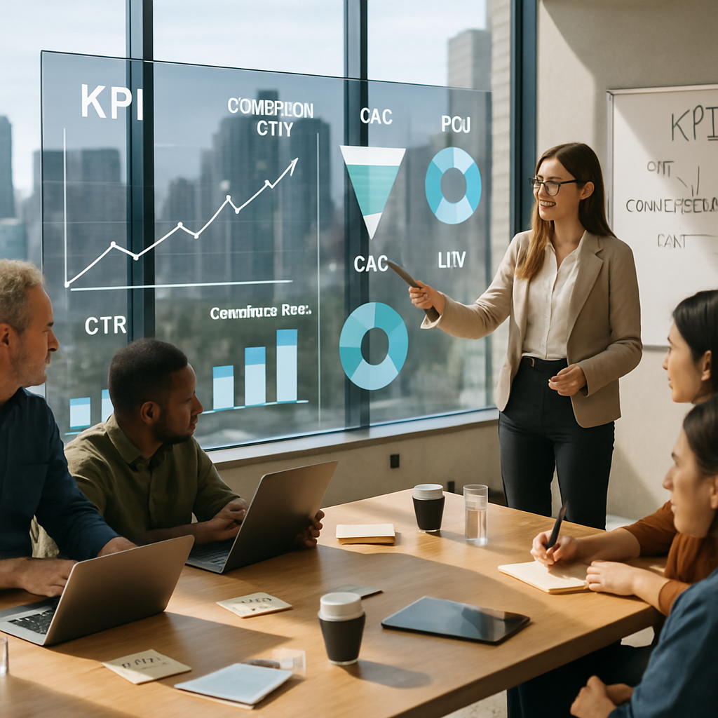 Team reviewing KPI dashboards and marketing charts